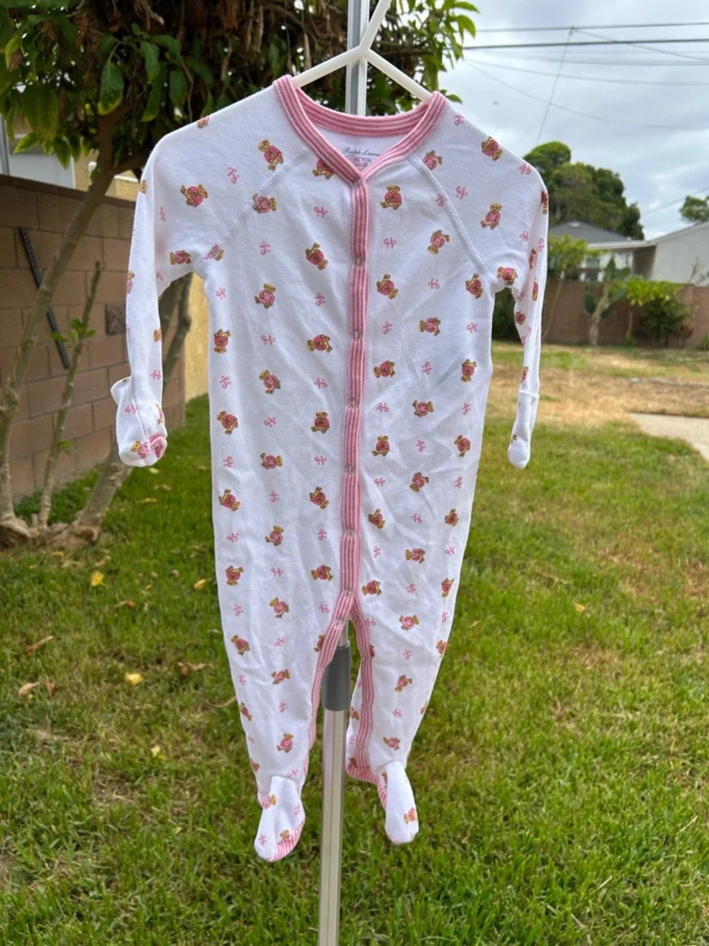 Ralph Lauren White Footed One-Piece with Pink Trim and Floral Bear Print